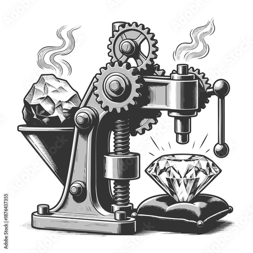 mechanical press transforming a piece of coal into a sparkling diamond, symbolizing pressure and value sketch engraving generative ai vector illustration. Scratch board imitation. Black and white.