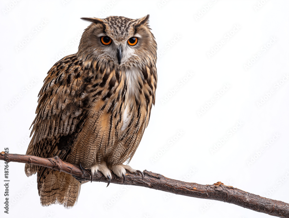 Fototapeta premium Eurasian Eagle Owl Perched on Branch Isolated