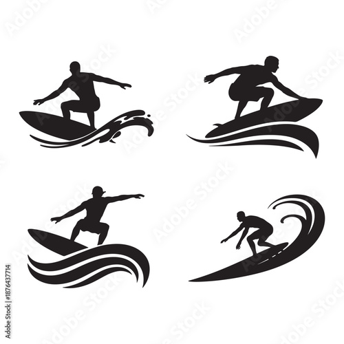 Surfer silhouettes on waves action sports collection vector graphic high quality