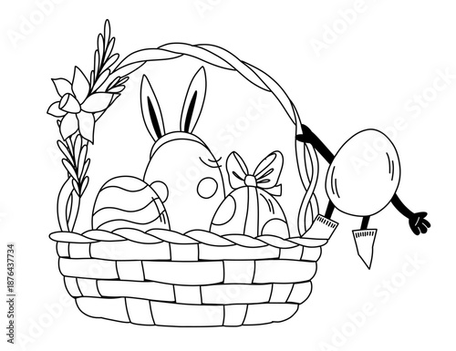 Festive Easter basket with colorful eggs daffodils and ribbons Egg in Boots character