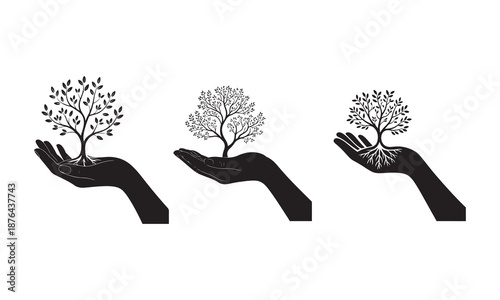 Three hands holding trees symbolizing growth and nurturing in nature