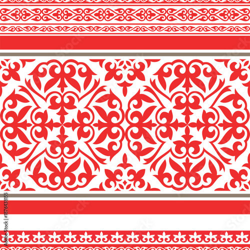 Striking red and gold border design featuring rich, repeating patterns of traditional Central Asian or Kazakh scrollwork and floral motifs, separated by solid color bands