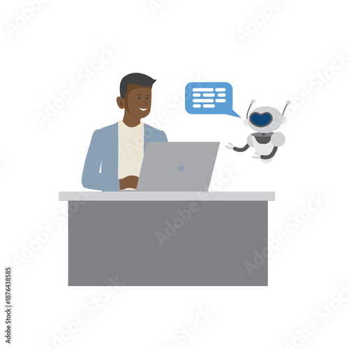 Man chatting with AI chatbot on a laptop. User conversation with a virtual assistant bot for customer support. Online help service with a friendly robot. Artificial intelligence concept. 