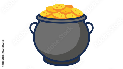 A black cauldron overflowing with shiny gold coins, symbolizing wealth and fortune.