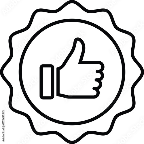 Black outline thumb up inside a jagged circle on white background like approval