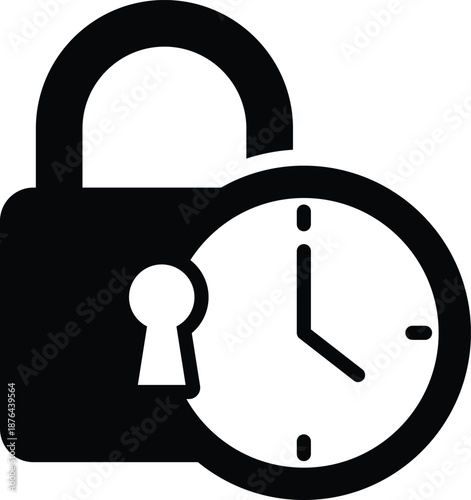 Black padlock superimposed on a white analog clock face security time