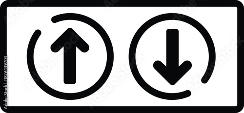 Black upward and downward arrow within circular outlines on white background up arrow down arrow