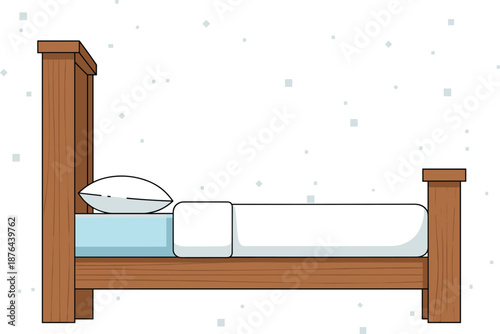 Classic wooden bed with white pillow and blue bedding for bedroom furniture interior design and comfortable sleep concept vector illustration