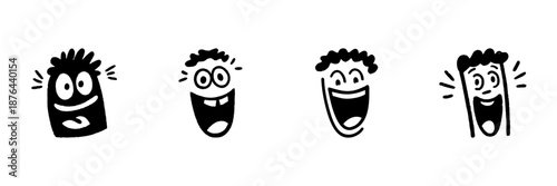 Four Expressive Cartoon Faces In Hand Drawn Style Set. Emotions And Reactions Doodle Sketch Collection. Playful And Fun Character Expressions. Isolated Vector Illustration