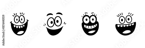 Four Cartoon Smiling Faces In Hand Drawn Style Set. Expressive Emotions, Happiness, Joyful Expressions Doodle Sketch Collection. Fun And Playful. Isolated Vector Illustration