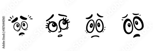 Cartoon Facial Expressions In Hand Drawn Style Set. Anxiety, Confusion, And Surprise Emotions Doodle Sketch Collection. Expressive Character Faces. Isolated Vector Illustration