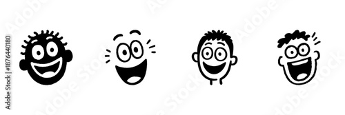 Happy Cartoon Faces In Hand Drawn Style Set. Expressive Emotions, Joyful Expressions, Playful Characters Doodle Sketch Collection. Fun And Whimsical. Isolated Vector Illustration