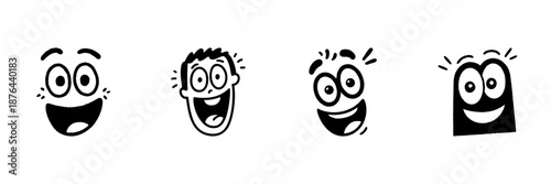 Four Expressive Cartoon Faces In Hand Drawn Style Set. Emotions And Expressions Doodle Sketch Collection. Playful And Fun Character Designs. Isolated Vector Illustration