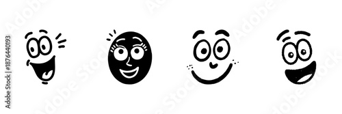 Happy Cartoon Faces In Hand Drawn Style Set. Expressive Emotions, Joyful Expressions, Playful Characters Doodle Sketch Collection. Fun And Whimsical. Isolated Vector Illustration