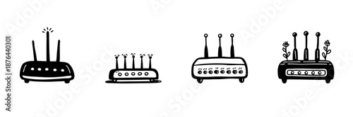 Wi-Fi Router Variations In Hand Drawn Style Set. Internet Connectivity, Signal Strength, Network Growth Doodle Sketch Collection. Technology And Communication. Isolated Vector Illustration