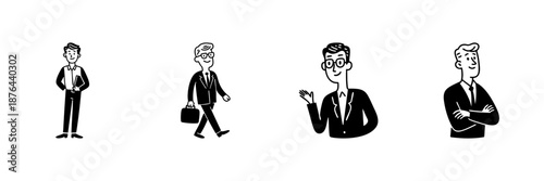 Business Professionals In Various Poses In Hand Drawn Style Set. Corporate Attire, Office Work, Professionalism Doodle Sketch Collection. Business Communication. Isolated Vector Illustration