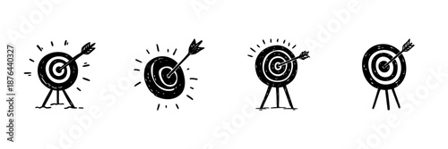 Target With Arrow In Hand Drawn Style Set. Precision, Accuracy, Goal Achievement Doodle Sketch Collection. Success And Focus Symbol. Isolated Vector Illustration