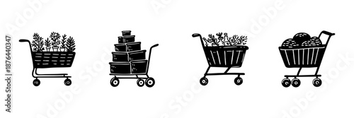 Shopping Carts With Various Items In Hand Drawn Style Set. Retail, Grocery, And Plant Shopping Doodle Sketch Collection. Consumer Goods And Market Essentials. Isolated Vector Illustration