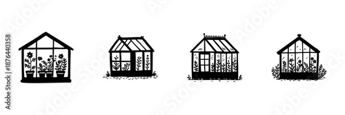 Greenhouse Illustrations In Hand Drawn Style Set. Botanical Growth, Plant Cultivation, Gardening Doodle Sketch Collection. Nature And Sustainability. Isolated Vector Illustration