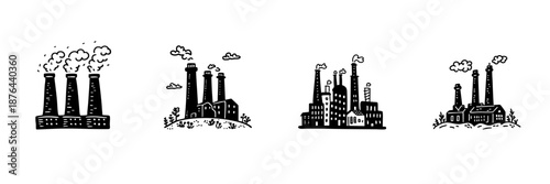 Industrial Factory Buildings With Smokestacks In Hand Drawn Style Set. Environmental Impact, Pollution, Industrialization Doodle Sketch Collection. Urban Landscape. Isolated Vector Illustration