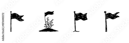 Flag Icons In Hand Drawn Style Set. Symbol Of Achievement, Territory Marking, And Exploration Doodle Sketch Collection. Vintage Decorative Elements. Isolated Vector Illustration