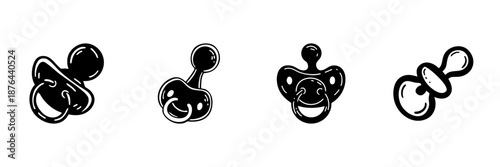 Pacifier Icons In Hand Drawn Style Set. Infant Soothing, Baby Care, Newborn Comfort Doodle Sketch Collection. Child Development Essentials. Isolated Vector Illustration