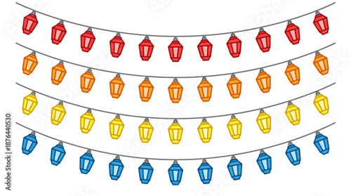 A colorful string of festive lantern-shaped lights in red, orange, yellow, and blue, suspended on wires in a decorative arc.