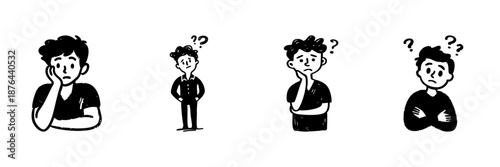 Confused Male Characters In Hand Drawn Style Set. Questioning, Uncertainty, And Puzzled Expressions Doodle Sketch Collection. Emotional Inquiry. Isolated Vector Illustration