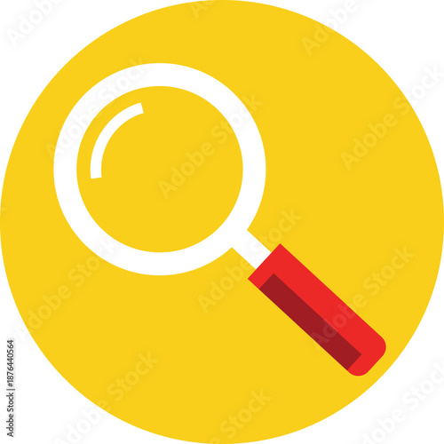 Flat of a magnifying glass with red handle on a yellow circle search symbol