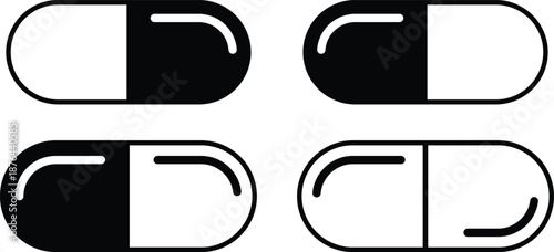 Four black and white capsule halves arranged in a two by two grid pill medicine