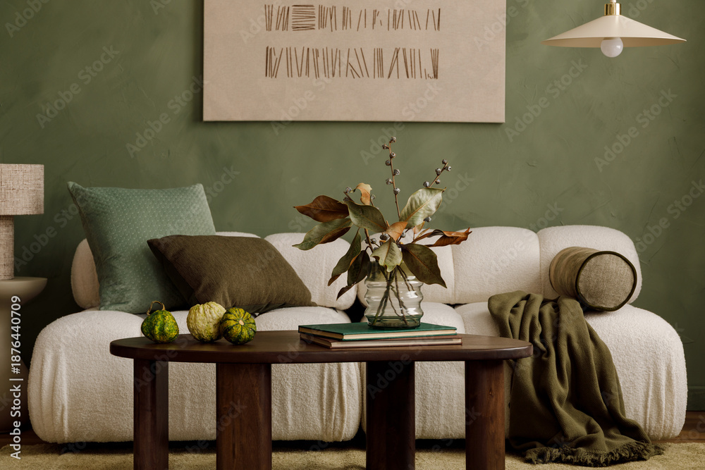 Obraz premium Cozy Interior with Olive Green Decor and Plump Sofa