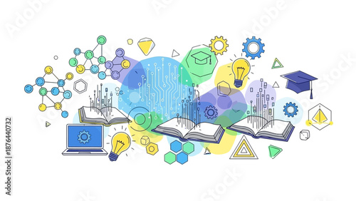 Online education and e learning illustration showing a student learning through a digital laptop with books, video lessons, and academic icons. The image represents modern education supported by techn