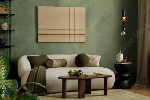 Serene Living Room with Green Accents and Modern Decor