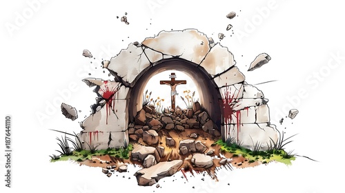 Dramatic watercolor stone tomb explosion with cross and blood, resurrection concept
