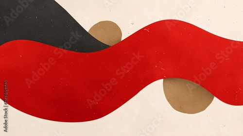 Abstract composition with bold red curved ribbons over a light background and circular accents