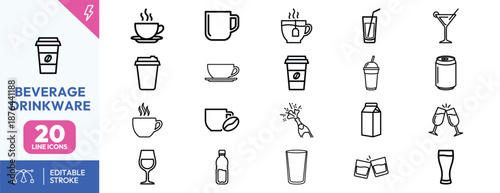 Beverage Containers and Drinkware Line Icons