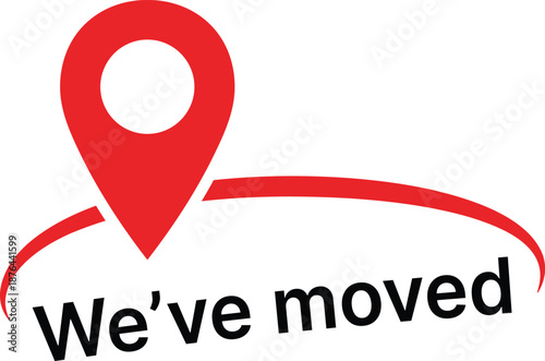 Red location pin with curved red line and black text We've moved map marker white