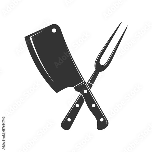 Butcher tools graphic icon. Crossed meat knife and fork isolated symbols on white background. Butchery symbol. Vector illustration