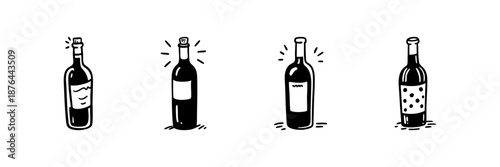 Wine Bottles In Hand Drawn Style Set. Beverage Variety, Wine Tasting, Alcoholic Drink Collection Doodle Sketch. Vintage Wine Culture. Isolated Vector Illustration