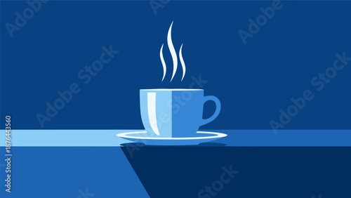A simple blue vector illustration of a hot cup of coffee with steam on a blue background