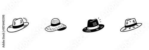 Various Hat Styles In Hand Drawn Style Set. Fashion Accessories, Sun Protection, And Style Statement Doodle Sketch Collection. Isolated Vector Illustration