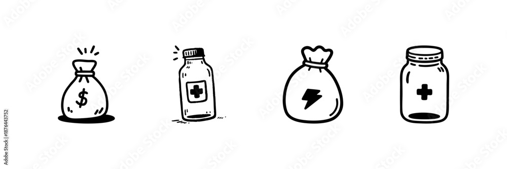 Fototapeta premium Money Bag, Medicine Bottle, Energy Bag, And Medical Jar Icons In Hand Drawn Style Set. Financial Savings, Health Care, Energy Boost, Medical Supplies Sketch Collection. Isolated Vector Illustration