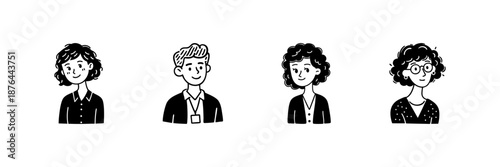 Four Diverse Professional Avatars In Hand Drawn Style Set. Teamwork, Diversity, And Workplace Representation Doodle Sketch Collection. Business And Collaboration. Isolated Vector Illustration