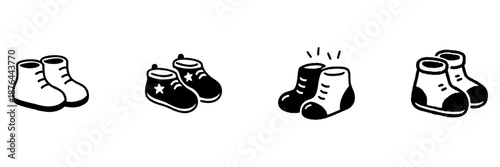 Baby Shoes In Hand Drawn Style Set. Infant Footwear, Cute Baby Booties, Child Fashion Doodle Sketch Collection. Adorable Footwear Designs. Isolated Vector Illustration