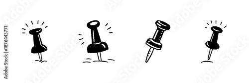 Push Pin Icons In Hand Drawn Style Set. Office Supplies, Bulletin Board, Reminder Tools Doodle Sketch Collection. Stationery And Organization Symbols. Isolated Vector Illustration
