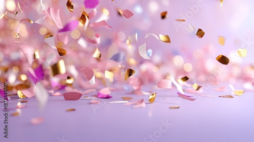 Colorful Confetti Falling Against Soft Purple Background for Celebration and Party Decor