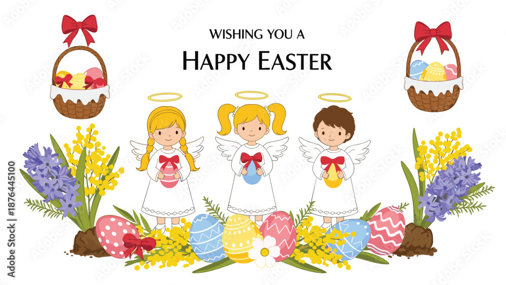 Fototapeta premium Festive easter greeting card with cute little angels holding decorated eggs among blooming spring mimosa flowers.