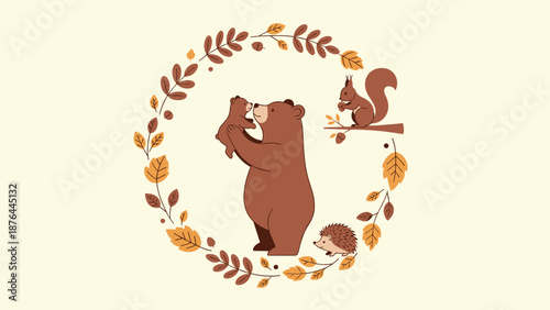Heartwarming autumn scene showing a mother bear holding her cub within a circular wreath of colorful fall leaves.