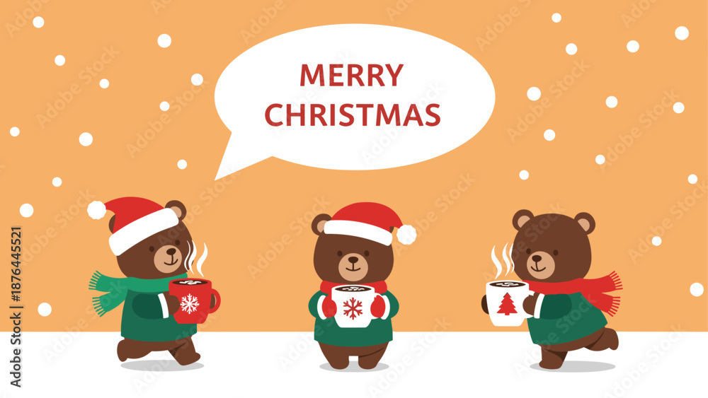 Fototapeta premium Heartwarming christmas scene with three cute brown bears wearing santa hats and holding steaming mugs of hot cocoa.