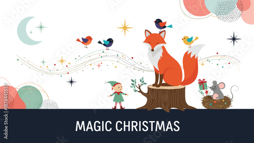 Enchanting christmas illustration with a fox on a tree stump surrounded by birds an elf and a mouse with a gift box.